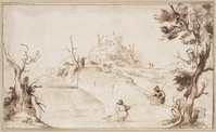 H 107
<br/>
Landschap met vissers bij een stroomversnelling
<br/>
<em>Guercino (1591-1666) - atelier van</em>